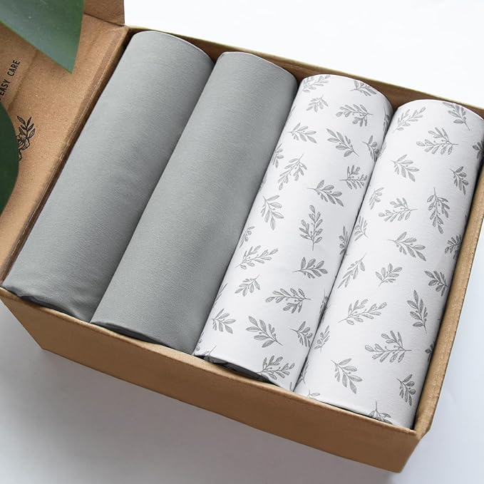Crib Sheets 4 Pack for Baby Boys & Girls, Neutral Crib Sheet Fitted 52'' x 28'' for Standard Crib & Toddler Mattress, Ultra Soft Material Baby Sheet, Grey Leaf-CubbioJoy