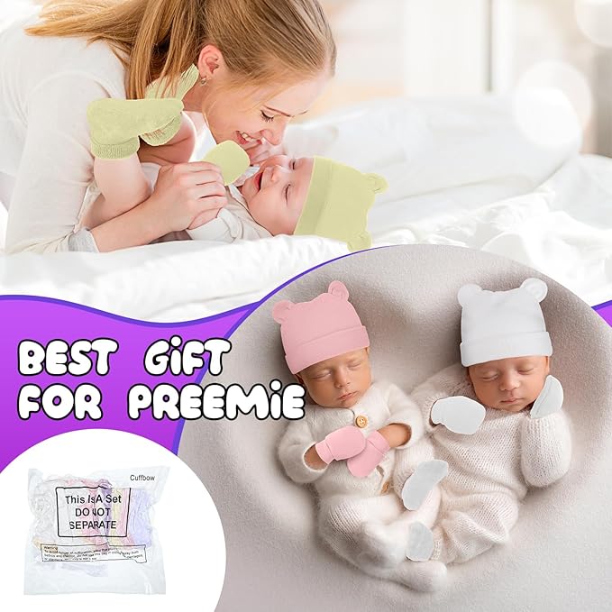 Cuffbow 4 Pcs Preemie Hats Mittens and Socks Set Preemie Mittens Warm Terry Socks for Baby-CubbioJoy