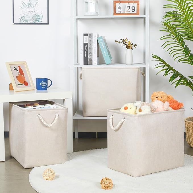 Bidtakay Extra Large Storage Baskets for Organizing Clothes Storage Bins 3 Pack Fabric Storage Bins for Shelves Linen Collapsible Organizer for Closet-Light Biege-CubbioJoy