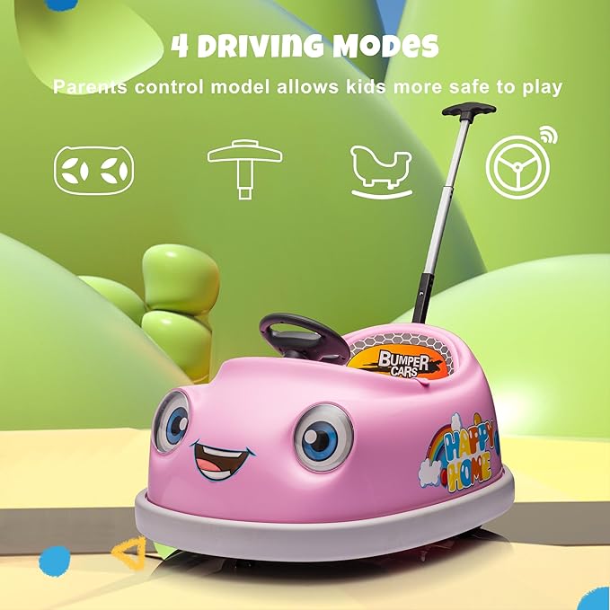 12V Dual Battery Electric Ride on Kids Bumper Car w/Remote Control,360 Degree Spin,Push Rod Rocker Horse Function,3-Speeds Babies & Toddlers Bumping Car Ride on Toy Gift for 1-4 Years Children (Pink)-CubbioJoy