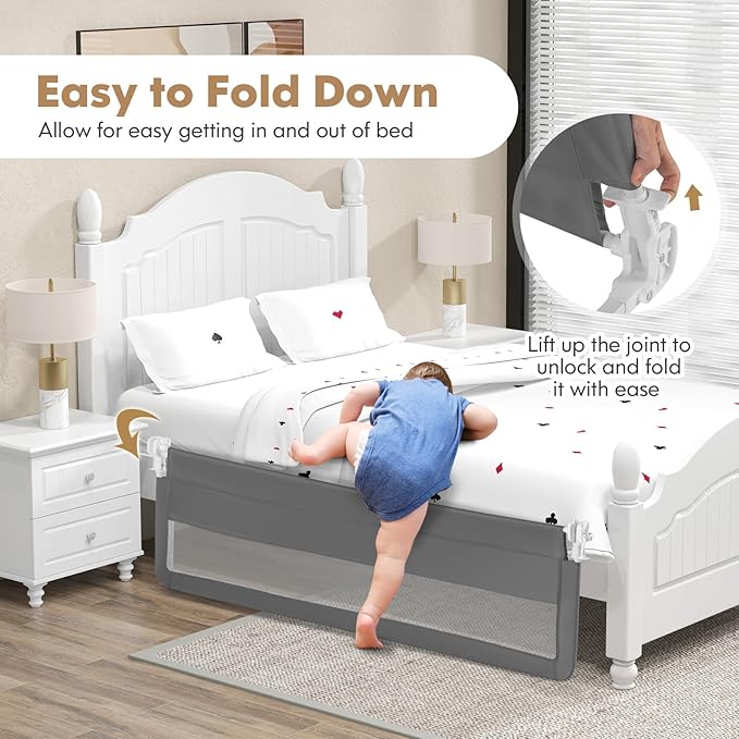 BABY JOY Bed Rails for Toddlers, 71'' Extra Long, Swing Down Bed Guard w/Safety Strap, Folding Baby Bedrail for Kids Twin, Double, Full Size Queen & King Mattress (71-Inch, Gray)-CubbioJoy