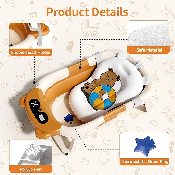 Collapsible Baby Bathtub with Soft Towel and Floating Cushion, Infant Bathtub for Newborn to Toddler (0-18 Month), Portable Baby Bath Tub for Travel (Brown Bear)-CubbioJoy