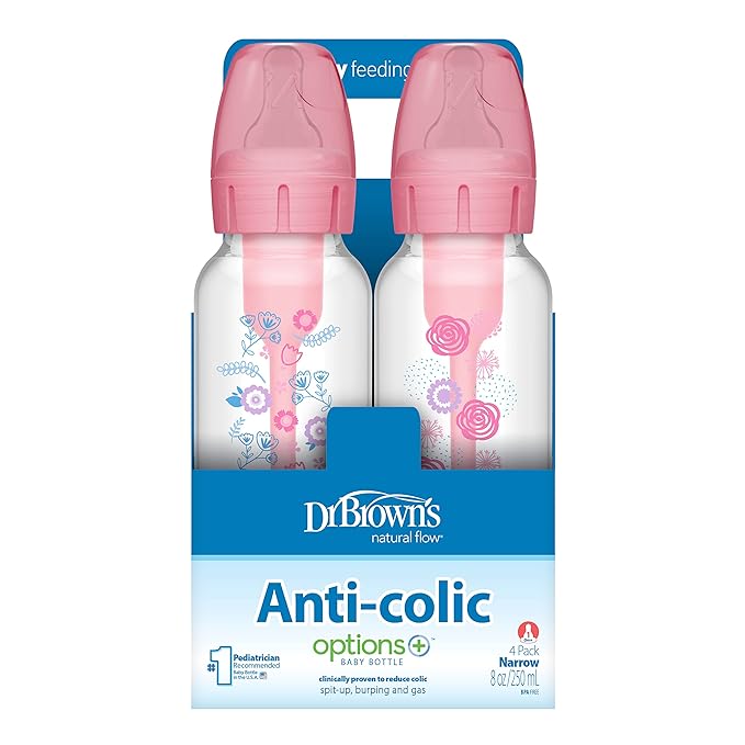 Dr. Brown's Natural Flow Anti-Colic Options+ Narrow Baby Bottle, Pink Floral, 8 oz/250 mL, with Level 1 Slow Flow Nipples, 0m+, 4 Pack-CubbioJoy
