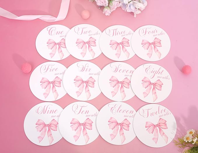 Bow Baby Monthly Milestone Markers - Baby Monthly Milestone Discs Photos,Coquette Bow Month Photo Signs,Baby’S First Year Newborn Signs for Girl (Pink)-CubbioJoy