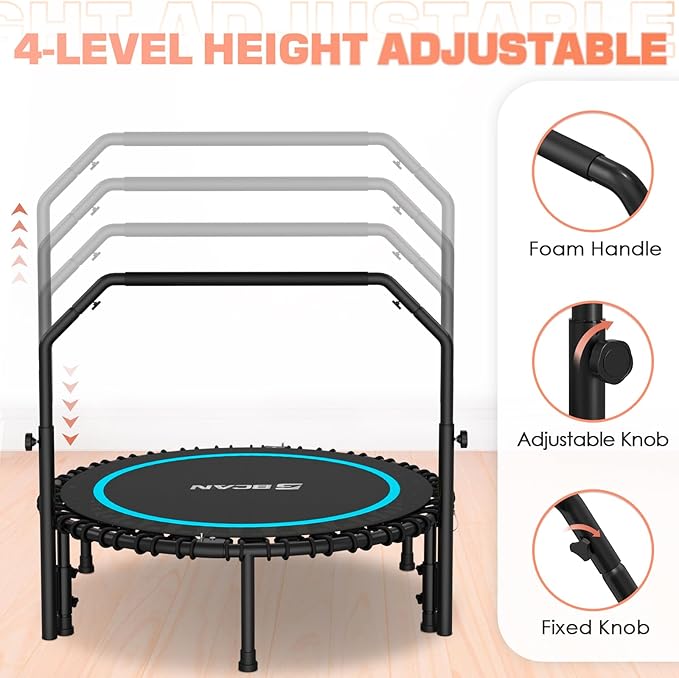 BCAN 40"/48" Mini Rebounder Trampoline for Adults with Bar, 450/550LBS Fitness Trampoline with Bungees, Adjustable Handle, Stable & Quiet, Indoor Outdoor, Whole-Body Workout & Relaxation at Home-CubbioJoy