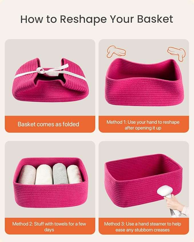 KALLAX Small Woven Basket, 13.5 x 9.5 x 5 Inches, Storage Basket for Organizing, Cute Small Rope Shelf Closet Cube Storage Bins Baskets for Shelves, Dog Toy Gift Baskets Empty, 3 Packs, Hot Pink-CubbioJoy