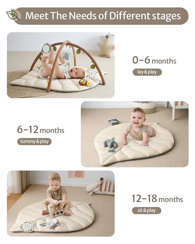 Blissful Diary Baby Play Gym & Activity Mat, Leaf Shaped Baby Tummy Time Play Mat with 6 Detachable Toys, Promotes Motor Skills & Sensory Development, Newborn Baby Essentials Gift, Oatmeal Beige-CubbioJoy