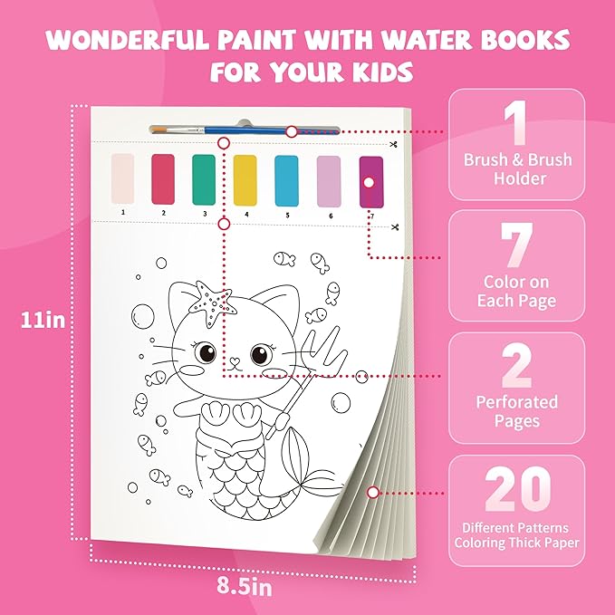 2PCS Paint with Water Books for Kids, Unicorn & Mermaid Watercolor Paint Book Set for Kids,Toddlers Water Color Coloring Painting Drawing Set,Mess Free Toys Gifts for Girls Age 3 4 5 6 7 8-CubbioJoy