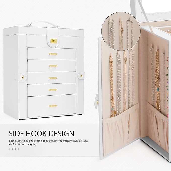 AKOZLIN Functional 6-Tier Jewelry Box Organizer with 5 Drawers Leather Jewelry Storage Case for Women Girls Ring Necklace Earring Bracelet Holder Organizer with Mirror White-CubbioJoy