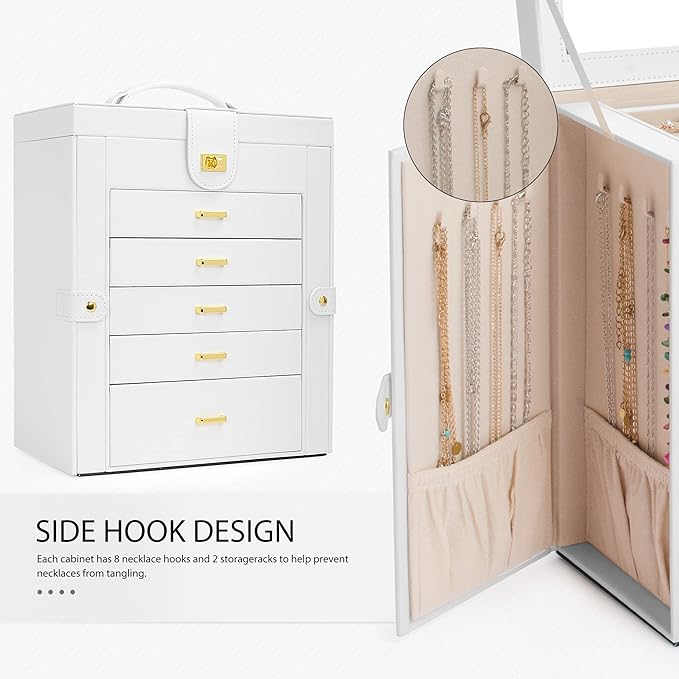 AKOZLIN Large Jewelry Box Organizer Functional with Big Mirror, Leather Jewelry Storage Case for Women Girls Ring Necklace Earring Bracelet Holder Organizer White-CubbioJoy