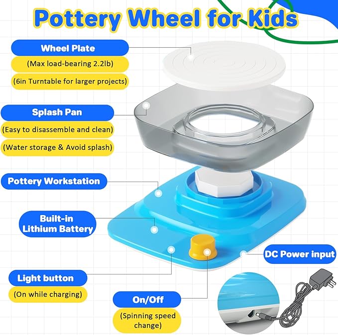 Innofans Pottery Wheel for Kids - Complete Pottery Kit & Tools for Beginners, Plug-in Rechargeable Battery, Upgraded Detachable Turntable Adjustable Speed, DIY Clay Maker for Kids 9-12 (Patented)-CubbioJoy