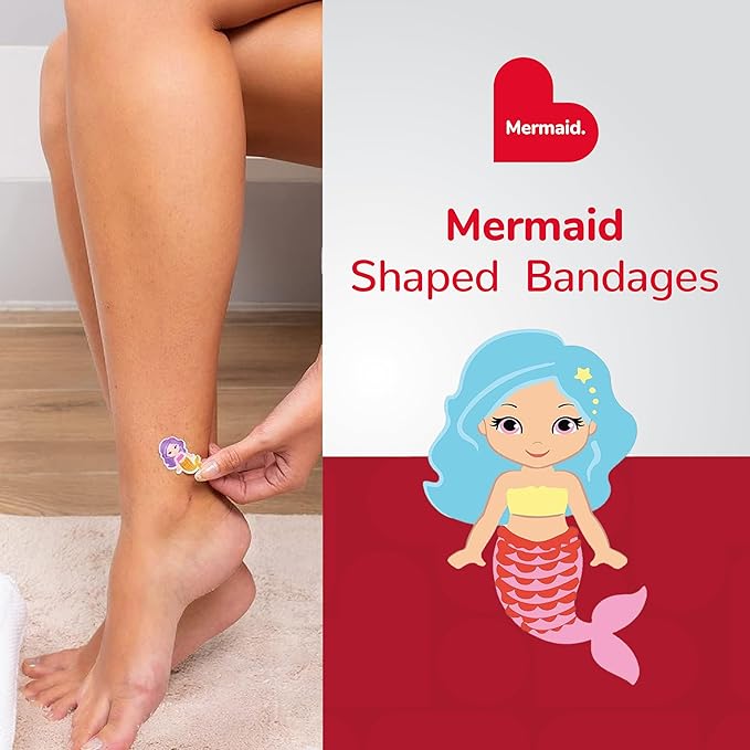 BioSwiss Bandages, Mermaid Shaped Self Adhesive Bandage, Latex Free Sterile Wound Care, Fun First Aid Kit Supplies for Kids, 50 Count-CubbioJoy