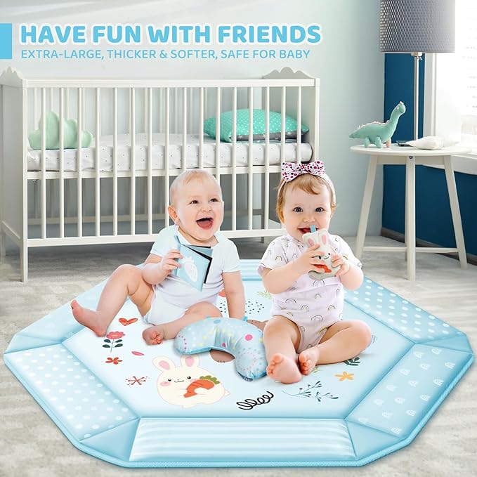 Baby Gym Play Mat, 8-in-1 Tummy Time Mat & Ball Pit with 6 Toys, Washable Baby Activity Mat for Visual, Hearing, Sensory, Motor Development, Baby Gift for Newborn Infant 0-3-6-9-12 Months (Blue)-CubbioJoy