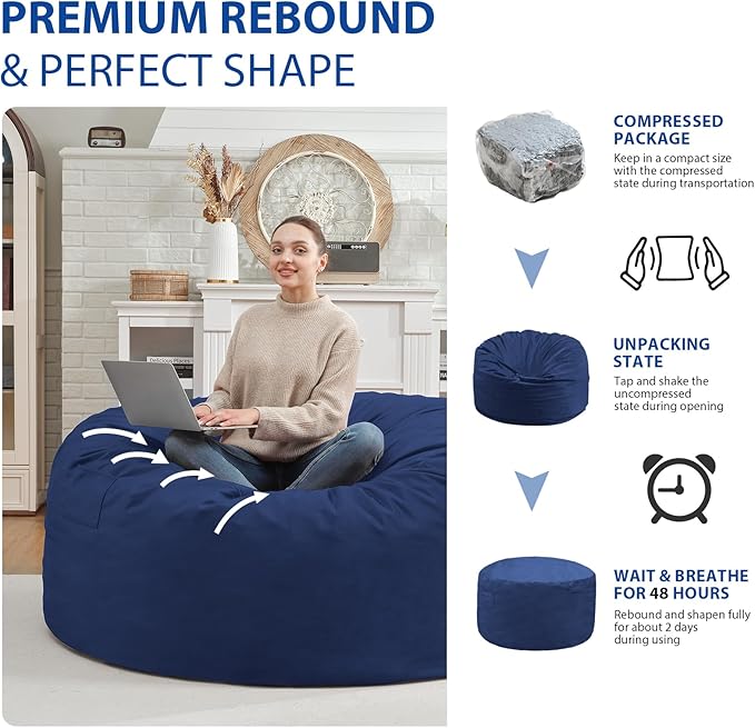 3FT Bean Bag Chair, Comfy Bean Bag Chairs with Memory Foam Filled, Fluffy Beanbag Sofa with Dutch Velvet Cover, Round BeanBag Chairs for Living Room, Playroom - Blue-CubbioJoy