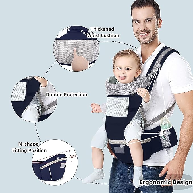 Baby Carrier Ergonomic Infant Carrier with Hip Seat Kangaroo Bag Soft Baby Carrier Newborn to Toddler 7-45lbs Front and Back Baby Holder Carrier for Men Dad Mom (Blue)-CubbioJoy