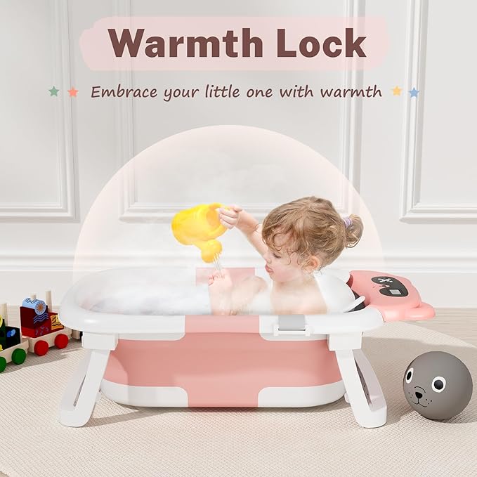 AVIDOR Baby Bathtub,Collapsible Bathtub for Newborn to Toddler,Durable Essential Infant Bath Tub,Portable Travel Baby Tub with Soft Cushion,No-Slip Hanging and Detachable(Pink)-CubbioJoy