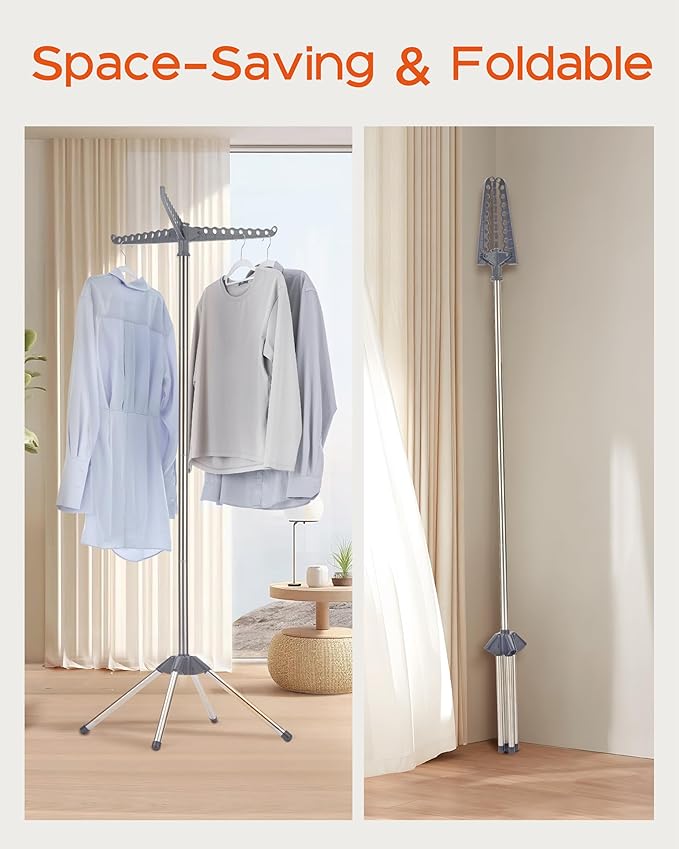 Clothes Drying Rack Foldable, 59 inch Tripod Laundry Drying Rack Indoor with Rotating Clothes Rail for 27 Pieces of Clothes, Space Saving, Stainless Steel, Grey and Silver CDR001G01-CubbioJoy