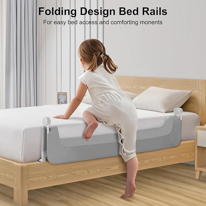 Bed Rail for Toddlers,Swing Down Kids Bed Rails Guard for Twin,Full,Queen,King,Bunk Size Bed,Extral Tall Child Bed Rail Guard with Reinforced Anchor Safety System (Grey, 59inch,1 Side)-CubbioJoy