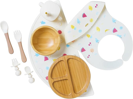 Bamboo Baby Feeding Set for Infants & Toddlers - Baby Essentials, Non-Toxic, Sustainable, Bamboo Suction Plate & Bowl, Bib, Sippy Cup w/Lid & Straw, Daily Use, Travel, Baby Shower Gifts (Vanilla)-CubbioJoy