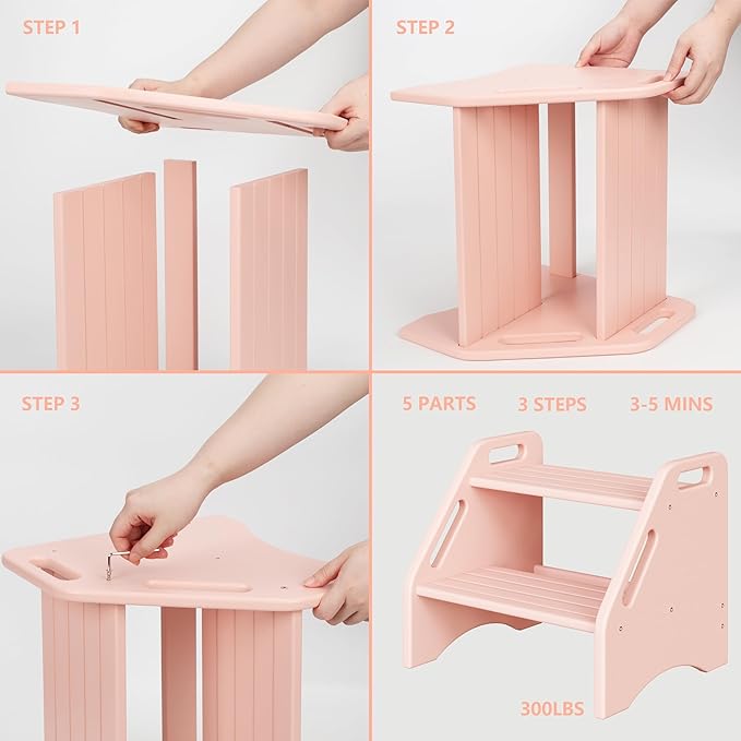 AMBIRD Wooden Step Stool, Two Step Stools Toddler 300 lbs Capacity with Safety Non-Slip Pads and Handles, Bamboo Step Stool for Bathroom, Kitchen Dual Height Step Stools for Kids (Pink)-CubbioJoy