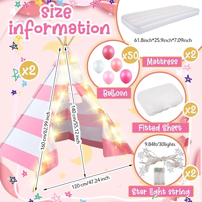 2 Pack Kids Teepee Tent with Mattress,Fitted Sheet,Light String,Washable Natural Cotton Toddler Play Tent for Girls Boys Indoor Outdoor Sleepover Slumber Birthday Party(Pink and White)-CubbioJoy