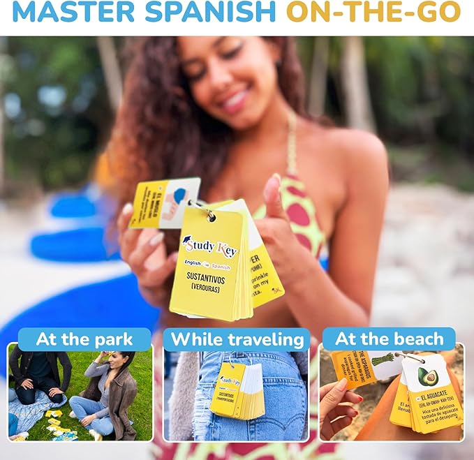 300 Vocabulary Flashcards | Double Sided English-Spanish Bilingual Flashcards for Adults & Kids Ages 12+ | Portable Noun Flash Cards to Learn Spanish for Adult Beginners-CubbioJoy