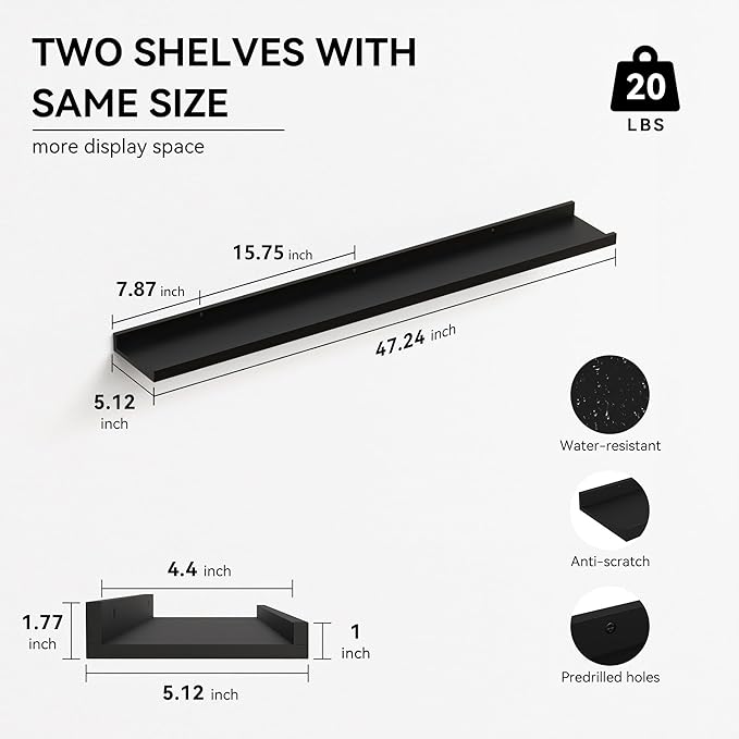 47.2 Inches Long Floating Shelves Wall Mounted, 2 Set Modern Wall Shelf for Bedroom, Nursery Book Shelf with Lip, Picture Ledge Shelf for Wall Decor Living Room Bathroom Kitchen - Black-CubbioJoy