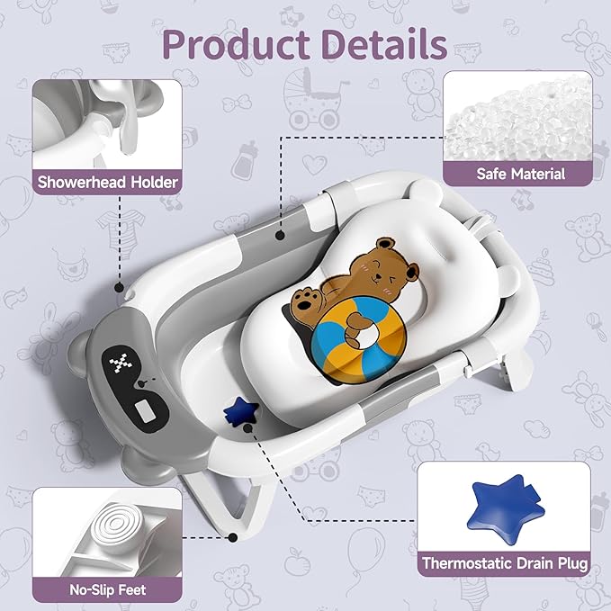 Collapsible Baby Bathtub for Newborn to Toddler (0-18 Month) - Portable Baby Bath Tub for Travel, Newborn Bathtub with Soft Towel and Floating Cushion (Gray)-CubbioJoy