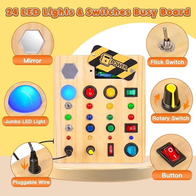 Busy Board Montessori Toys for Toddler, Wooden Sensory Board Switch Toy with Shape Sorter LED Light Up Toys Educational Plane Travel Activity for Girls & Boys-CubbioJoy