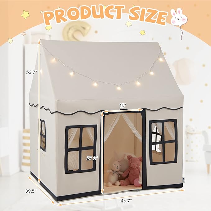 INFANS Kids Play Tent with Washable Mat Star Light Windows, Anti-Trip Large Playhouse Toys for Children Boys Girls, Indoor Outdoor Princess Tents Castle for Toddlers (Black)-CubbioJoy