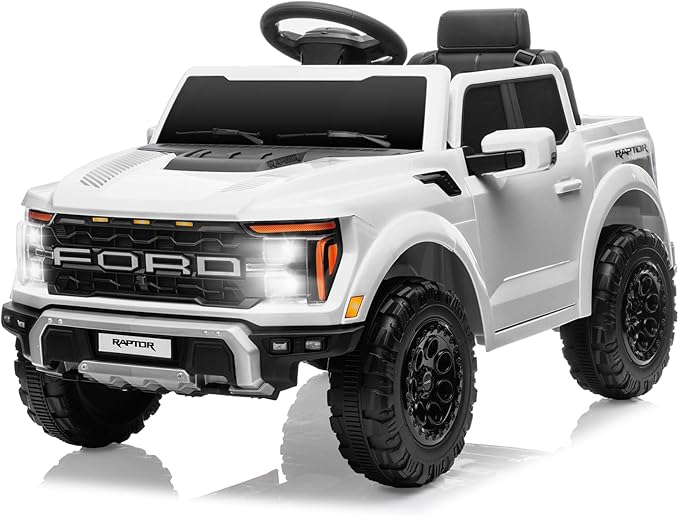 12V Ride on Car Licensed Ford F-150 Raptor, Kids Electric Car with Remote Control, LED Light/Music/MP3, Truck Bed Storage, 3-Point Seat Belt (12V, White)-CubbioJoy