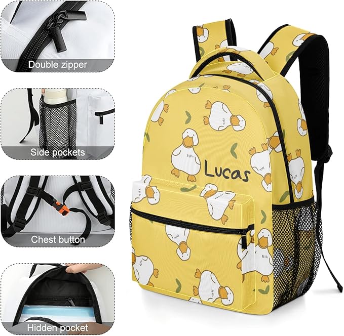 Cartoon Duck Yellow Custom Kids Backpack 16.5 Inch for Boy Girl, Personalized Waterproof Child School Travel Bag with Name, 16.5’’ X 12.2’’ X 5.9’’-CubbioJoy