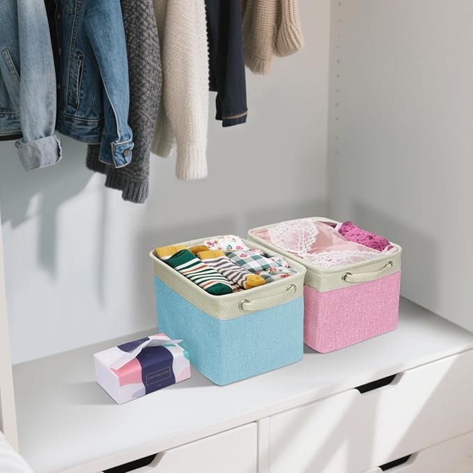 BALEINE 4 Pack Fabric Storage Bins for Shelves, Linen Storage Baskets for Organizing, Decorative Closet Bins for Clothes, Home (Green, 12"x8"x8")-CubbioJoy