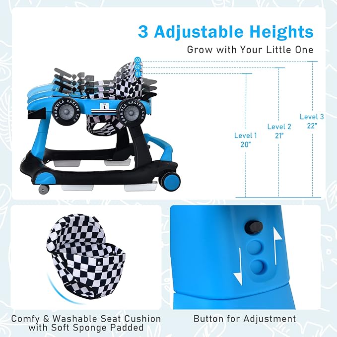 BABY JOY 4-in-1 Baby Walker, Foldable Activity Walker with Adjustable Height & Speed, Music, Lights, Anti-Rollover, Toddler Push Walker, Baby Walker with Wheels for Boys Girls 6-18 Months (Blue)-CubbioJoy