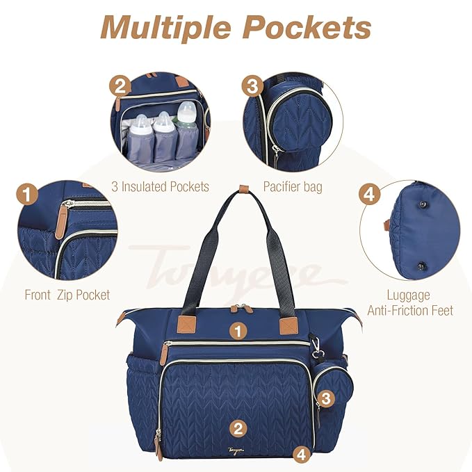 Diaper Bag Tote, Large Baby Diaper Bags Waterproof, Hospital Bag for Labor Delivery with Pacifier Case, Changing Pad, Shoulder Strap, Dark Blue-CubbioJoy
