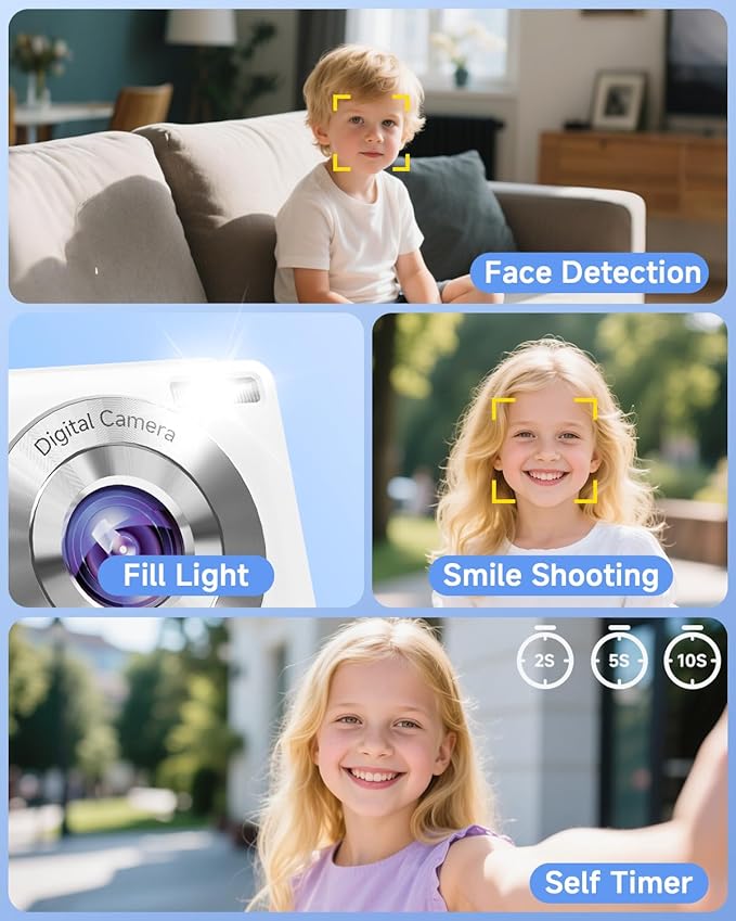 Digital Camera, 44MP FHD 1080P Camera for Kid with 16X Zoom Anti Shake, Compact Small Camera with 32GB SD Card, Digital Camera for Teens for Teens Girls Kids Adults(White)-CubbioJoy