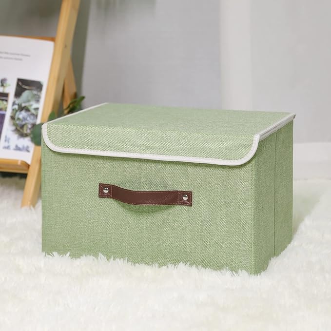 ANMINY Storage Bin with Lid Storage Boxes with PU Leather Handles PP Plastic Board Decorative Foldable Lidded Cotton Linen Fabric Home Cubes Baskets Closet Organizer Container - Green, Large Size-CubbioJoy
