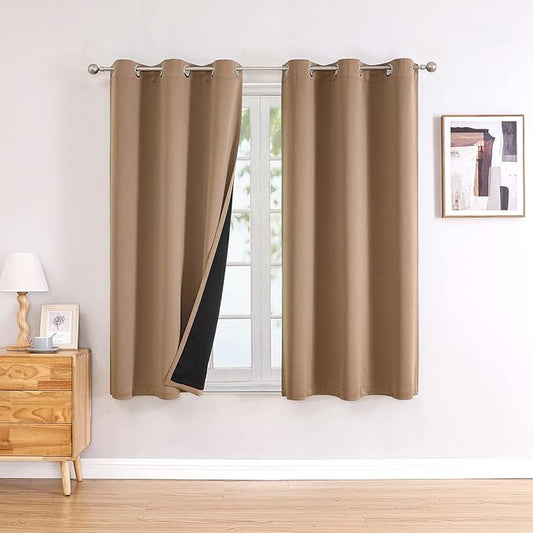 ChrisDowa 100% Blackout Curtains 63 inch Long for Bedroom with Black Liner, 2 Thick Layers Total Blackout Thermal Insulated Grommet Window Curtains 2 Panels Set (Cappuccino, 38 x 63 Inch)-CubbioJoy