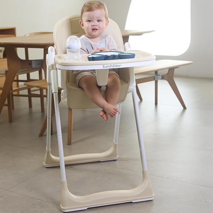 3 in 1 Baby High Chair with Wheels, Adjustable 5 Point Harness, Tray, Foot Rest, Backrest and Seat Height, Foldable High Chair for Toddlers, Beige-CubbioJoy