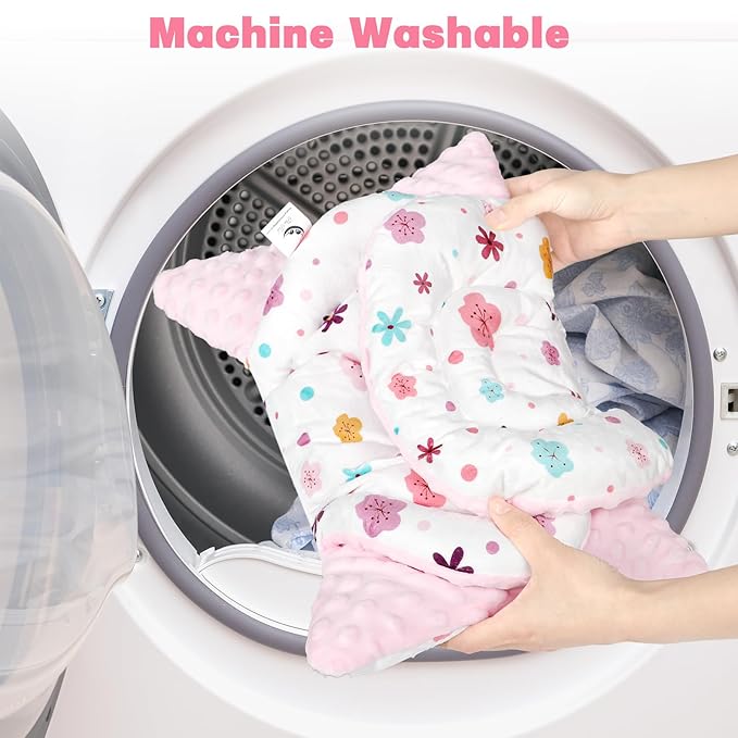 Infant Car Seat Insert with 3 Strap Covers, 3 in 1 Reversible Floral Baby Car Seat Head Support for Newborn, Baby Girl Newborn Essentials for Preemie to Infant, Stroller, Swing, Bouncer (Pink)-CubbioJoy