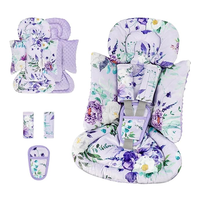 Infant Car Seat Insert and Strap Covers, Very Soft Car Seat Head Support Baby Girl Boy, Reversible Newborn Carseat Insert Cushion Fits for Stroller, Baby Swing, Bouncer (Purple Floral)-CubbioJoy