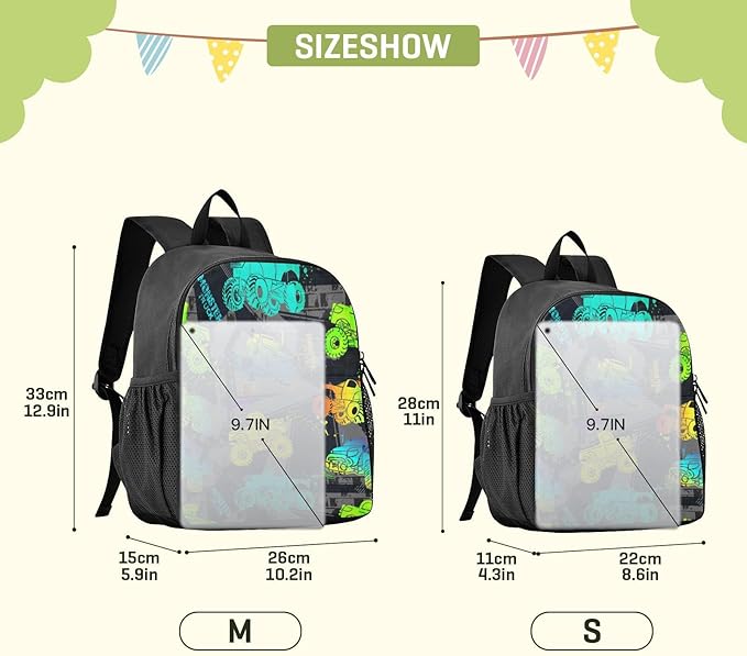 Colorful Monster Truck Toddler Backpack Waterproof Mini Backpack Boys/Girls Cute Small Kindergarten Pre School Bag-CubbioJoy