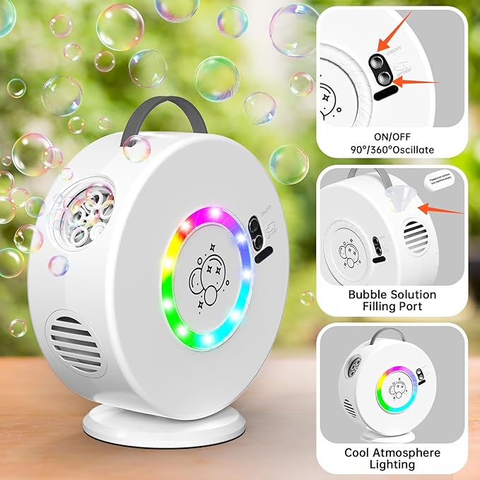 Bubble Machine Automatic LED Lights Bubble Blower for Kids Rechargeable Portable Bubble Maker Auto Rotating 90°/360° Outdoor Birthday Party Wedding (Led White)-CubbioJoy