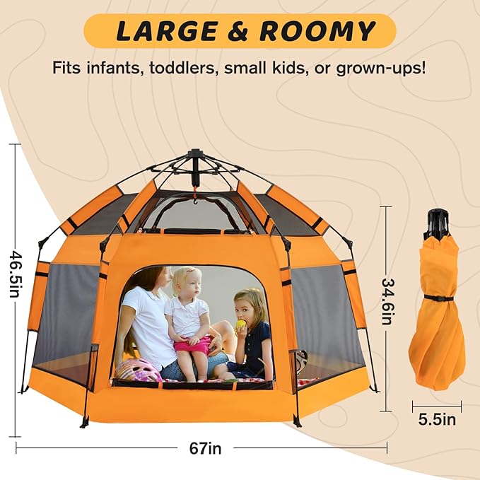 Baby Pop Up Playpen with Canopy, Pop Up Baby Pop Up Tent with Safety Lock, Portable Toddler Play Yard with Travel Bag, 6 Ground Stakes, 6 Sand Stakes-CubbioJoy
