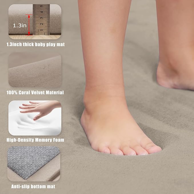 Baby Play Mat for Floor, 1.3" Thick Extra Large Cushioning Memory Foam Playpen Cushion, Soft Coral Velvet Tummy Time Mat with Non-Slip Backing, Child Nursery Rug for Toddlers, Kids (Beige, 79X59)-CubbioJoy