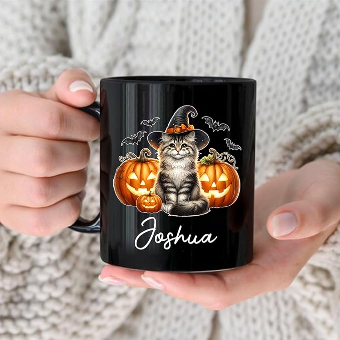 Customized Siberian Wearing Witch Hat Coffee Cup with Name, Personalized Siberian Cat Pumpkins Ceramic Mugs 11oz 15oz, Halloween Cat Cup Gift for Dad Mom Kid, Pet Owner Halloween Black Mug-CubbioJoy
