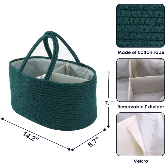 Baby Diaper Caddy Organizer for Girl Boy Rope Nursery Storage Bin Basket Portable Holder Tote Bag for Changing Table Car Travel Baby Shower Gifts Newborn Essentials Registry Must Have Items Dark Green-CubbioJoy