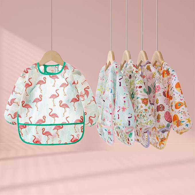 5 Pack Long Sleeve Bib,Baby Toddler Waterproof Sleeved Bib for 6-30 Months Reusable with Catch-all Pocket-CubbioJoy