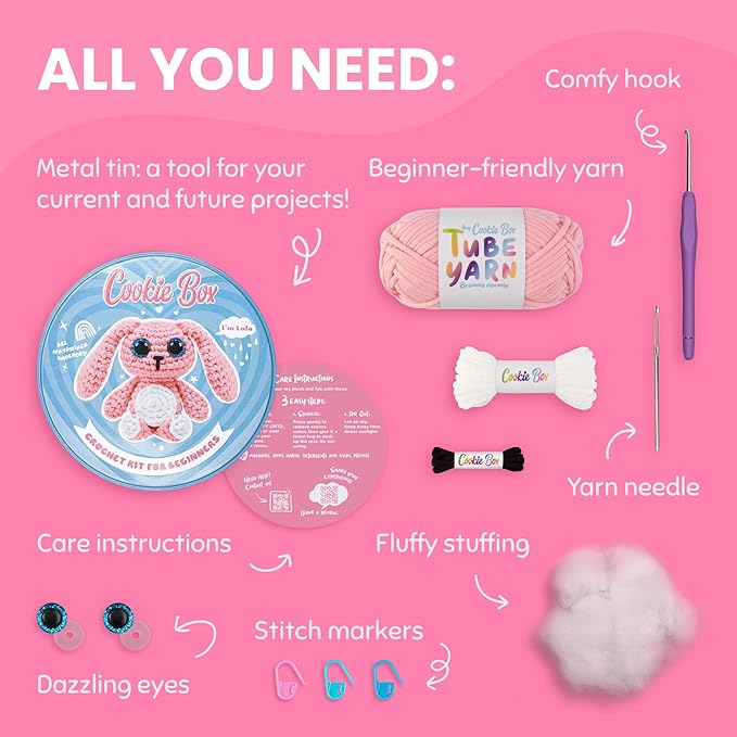 Cookie Box Crochet Kit for Beginners - Learn to Craft Amigurumi Stuffed Animals - Knitting Gift for Kids and Adults - Beginner-Friendly Yarn - Stitch-by-Stitch Video Tutorial - Bunny Lola-CubbioJoy