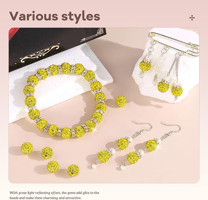 200pcs 10mm Rhinestone Beads for Jewelry Making, Yellow Shiny Round Disco Ball Beads Bulk, Sparkle Crystal Clay Christmas for Bracelet Baseball Necklace Earring Crafting and DIY-CubbioJoy